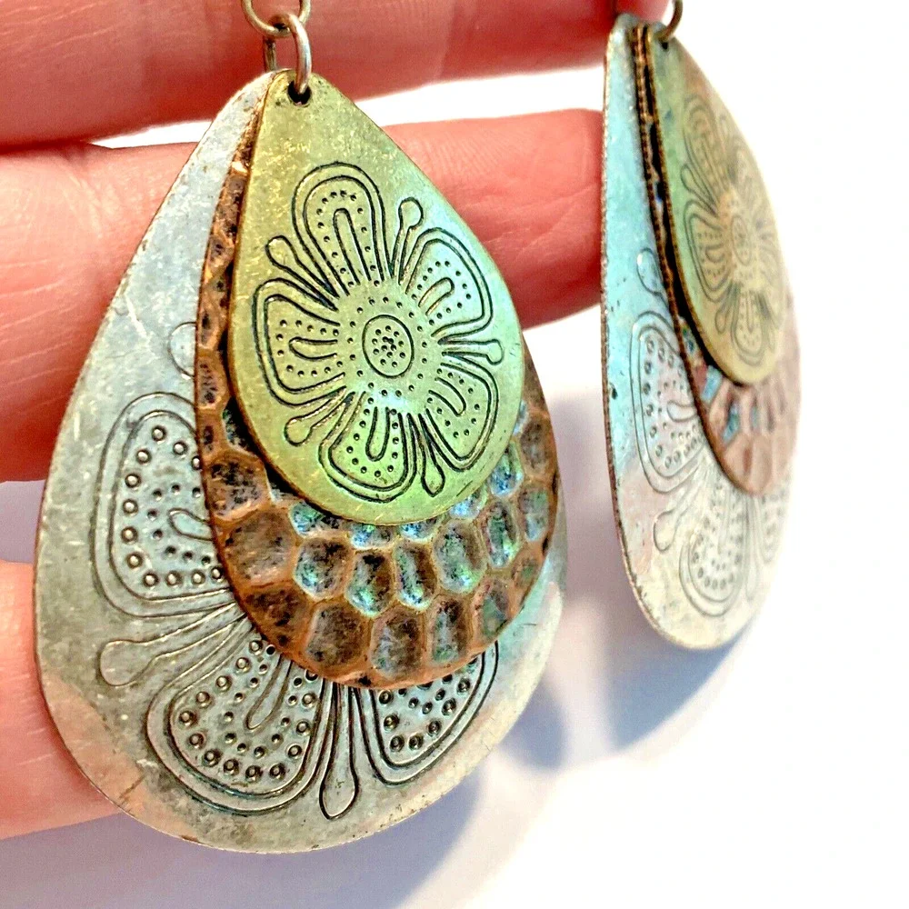 Boho Pierced Earrings Huge Embossed Teardrops Gold Silver Copper Festival Chic